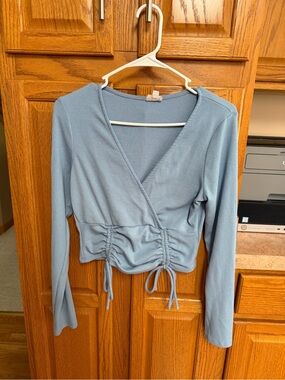 light Blue Ruched Wrap Crop Top